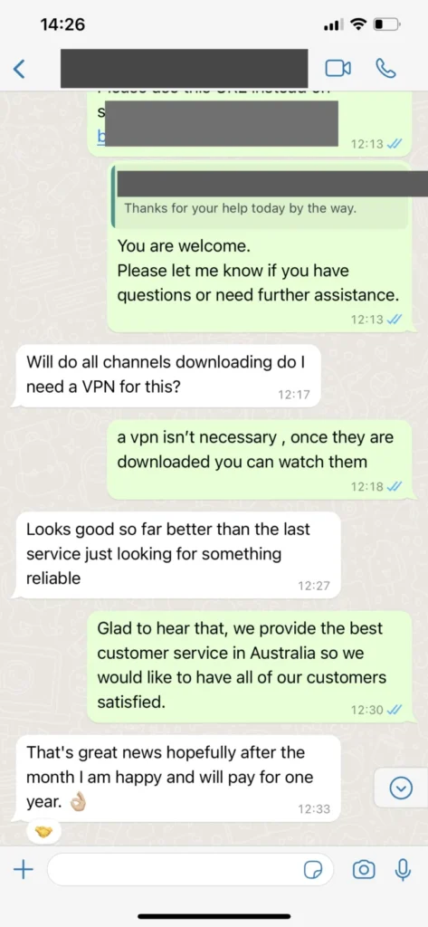 WhatsApp screenshot of customer thanking support team